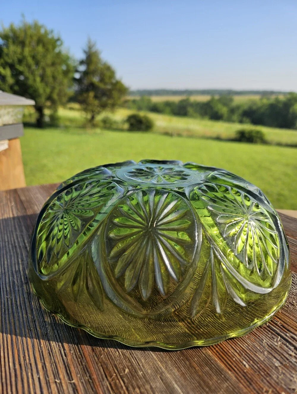 Green glass bowl with starburst pattern  #starburst